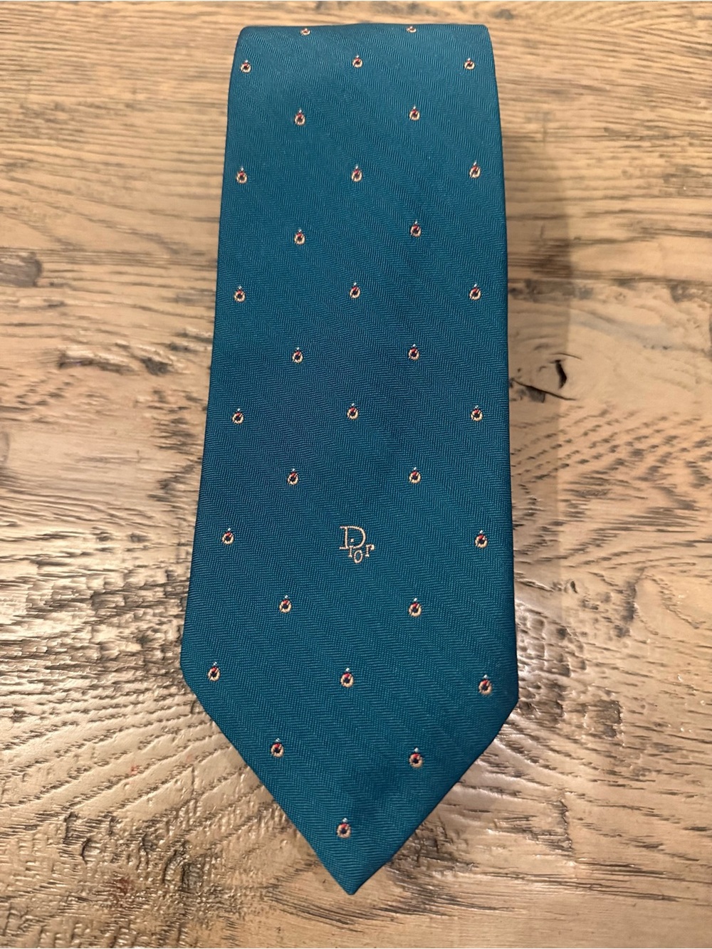 Vintage Dior Men's Teal Silk Tie with Tiny Red and White Accent Dots